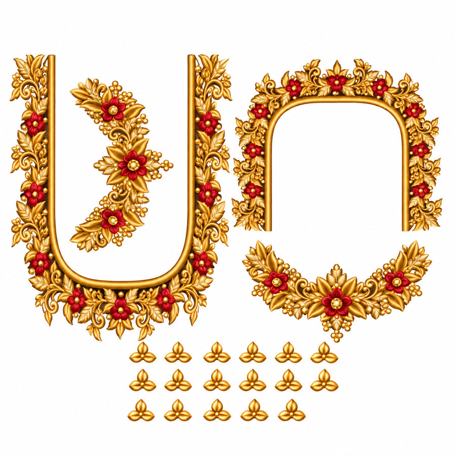 Red Floral & Gold-Tone Leaf DTF Blouse Sticker Set with Neckline Designs and Decorative Motifs