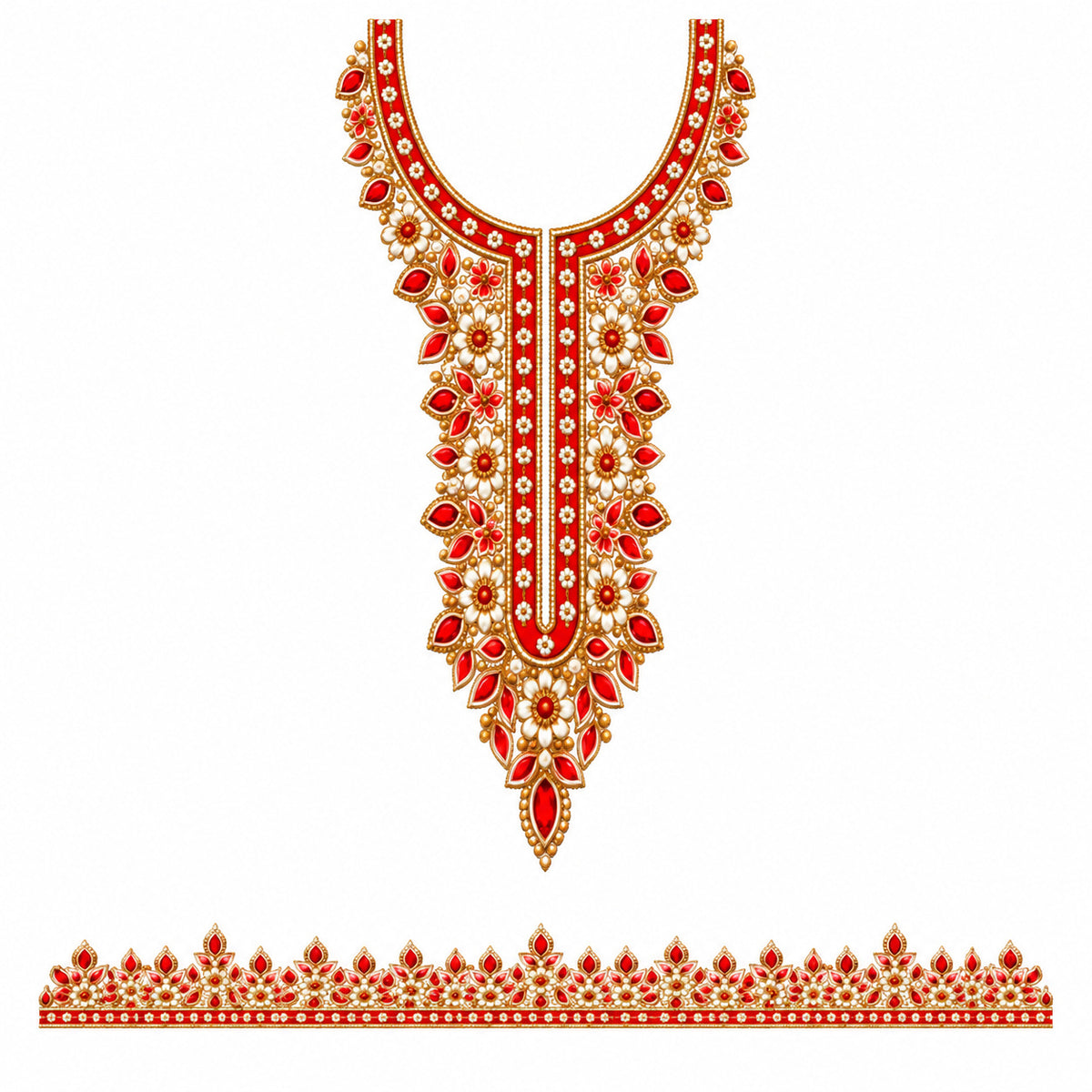 Red & Ivory Floral DTF Heat Transfer Sticker Set with Gold-Tone Neckline and Border for Kurti & Suit