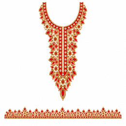 Red & Ivory Floral DTF Heat Transfer Sticker Set with Gold-Tone Neckline and Border for Kurti & Suit