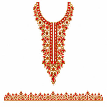 Red & Ivory Floral DTF Heat Transfer Sticker Set with Gold-Tone Neckline and Border for Kurti & Suit