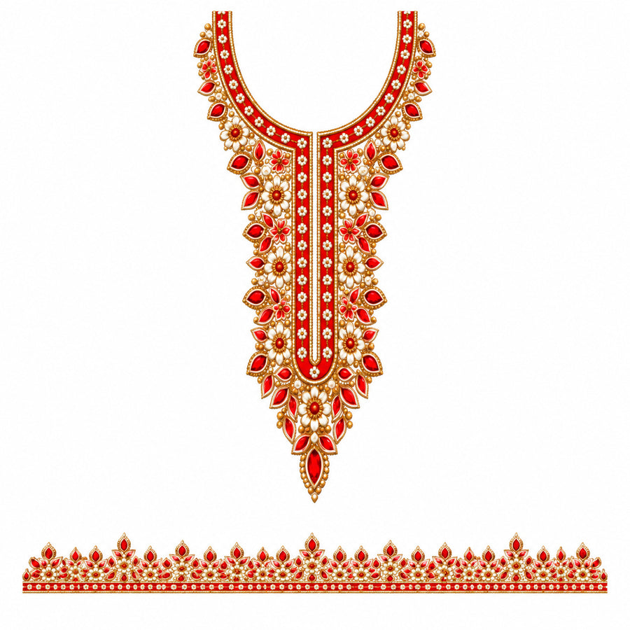 Red & Ivory Floral DTF Heat Transfer Sticker Set with Gold-Tone Neckline and Border for Kurti & Suit