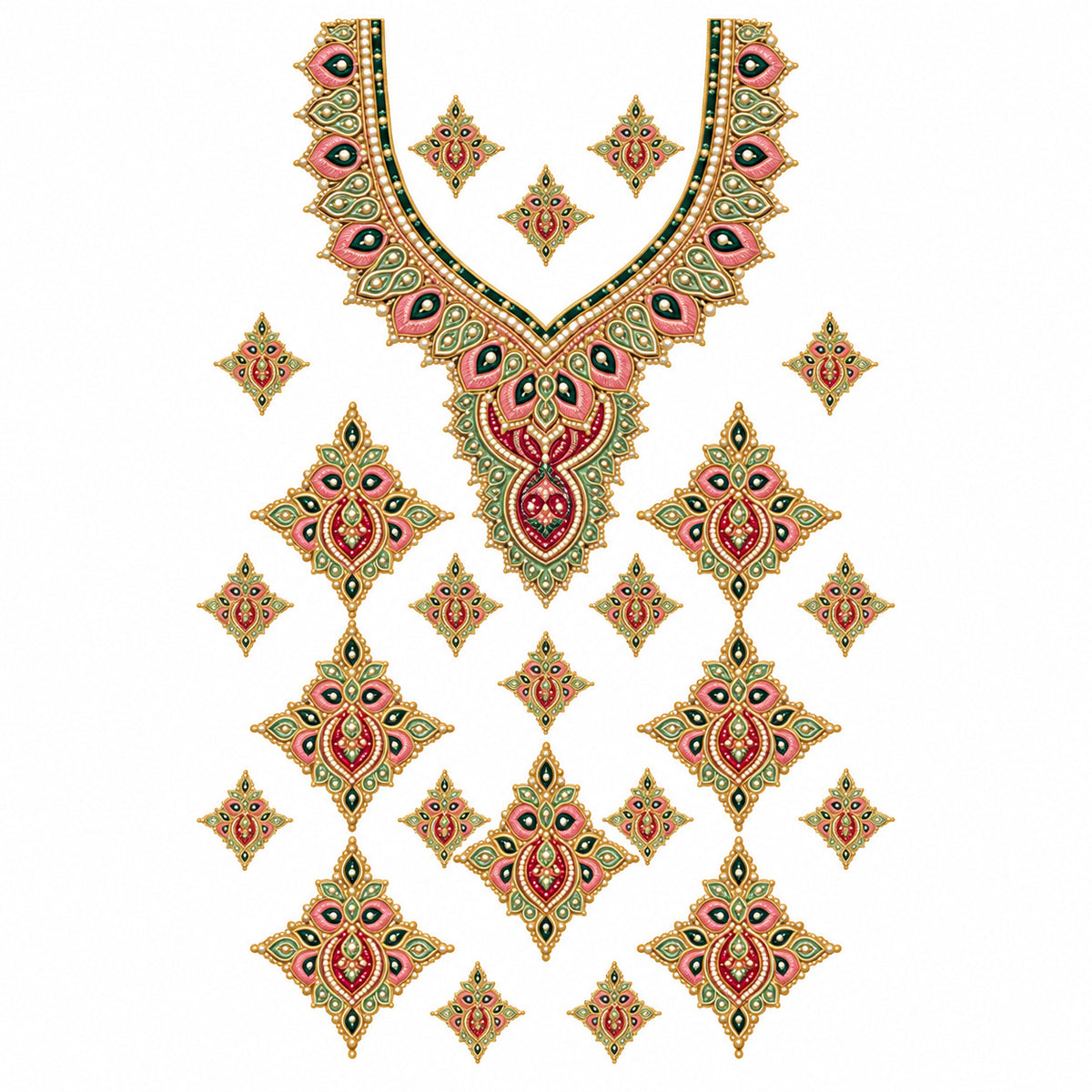 Pink Green & Gold Jewellery Style DTF Heat Transfer Sticker Set with V-Neck Design for Suit & Blouse
