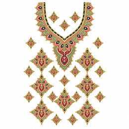 Pink Green & Gold Jewellery Style DTF Heat Transfer Sticker Set with V-Neck Design for Suit & Blouse