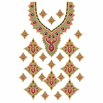 Pink Green & Gold Jewellery Style DTF Heat Transfer Sticker Set with V-Neck Design for Suit & Blouse