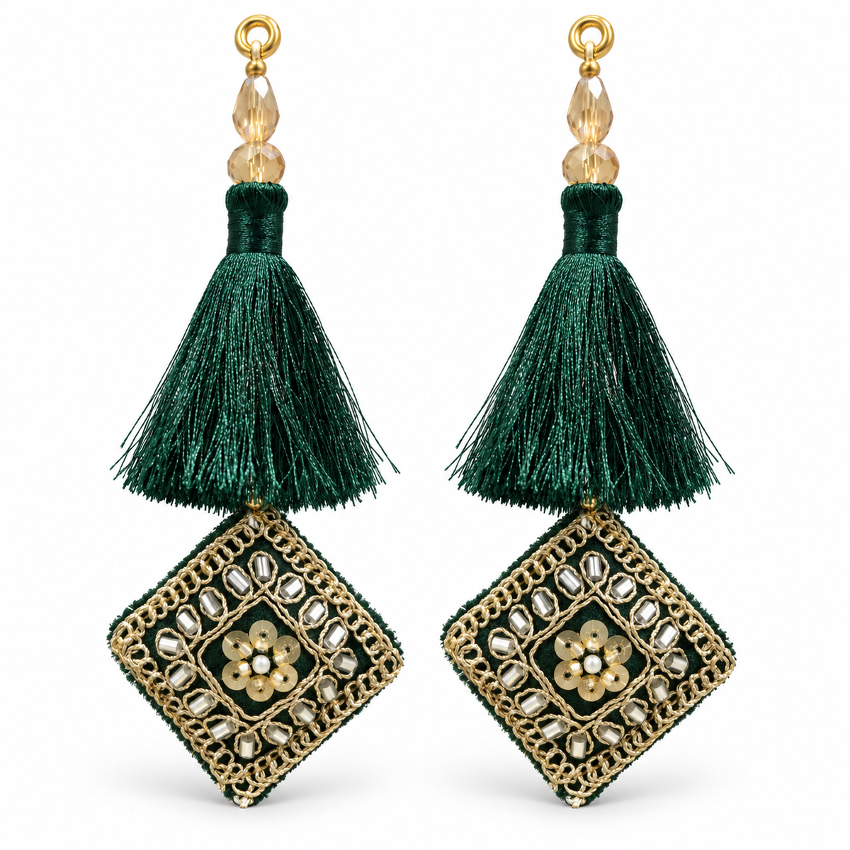 Premium Bottle Green Blouse Latkan Pack of 2 | Silky Tassel with Zari, Mirror & Sequin Work | Designer Dori Tassel for Blouse, Lehenga & Saree