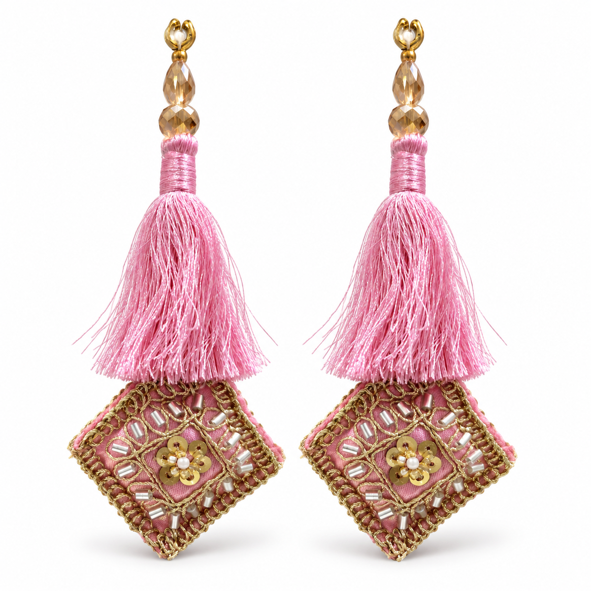 Premium Blouse Latkan for Women Pack of 2 | Pink Silky Tassel with Zari Mirror & Sequin Work | Decorative Dori Tassel for Blouse, Lehenga & Saree