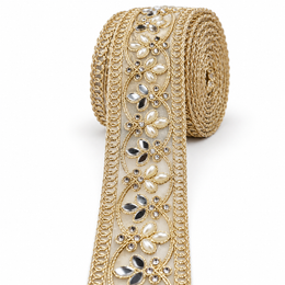 Premium Golden Floral Mirror Pearl & Stone Work Designer Lace for Saree, Lehenga, Blouse & Dupatta Border – 9 Meter Roll