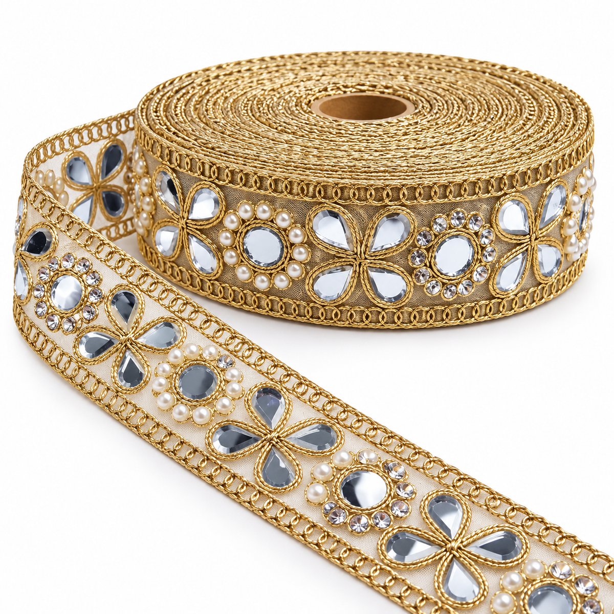 Premium Golden Floral Mirror Pearl & Stone Work Embroidered Designer Lace for Saree, Lehenga, Blouse & Dupatta Border – 9 Meter Roll