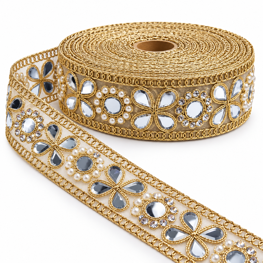 Premium Golden Floral Mirror Pearl & Stone Work Embroidered Designer Lace for Saree, Lehenga, Blouse & Dupatta Border – 9 Meter Roll