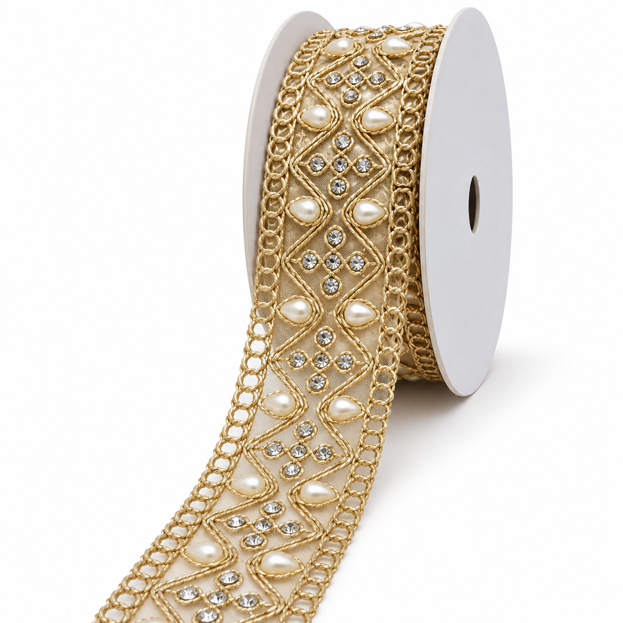 Premium Golden Diamond Pearl & Stone Work Embroidered Designer Lace for Saree, Lehenga, Blouse & Dupatta Border – 9 Meter Roll