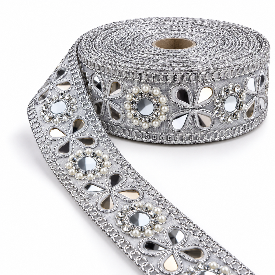 Premium Silver Floral Mirror Pearl & Stone Work Embroidered Designer Lace for Saree, Lehenga, Blouse & Dupatta Border – 9 Meter Roll