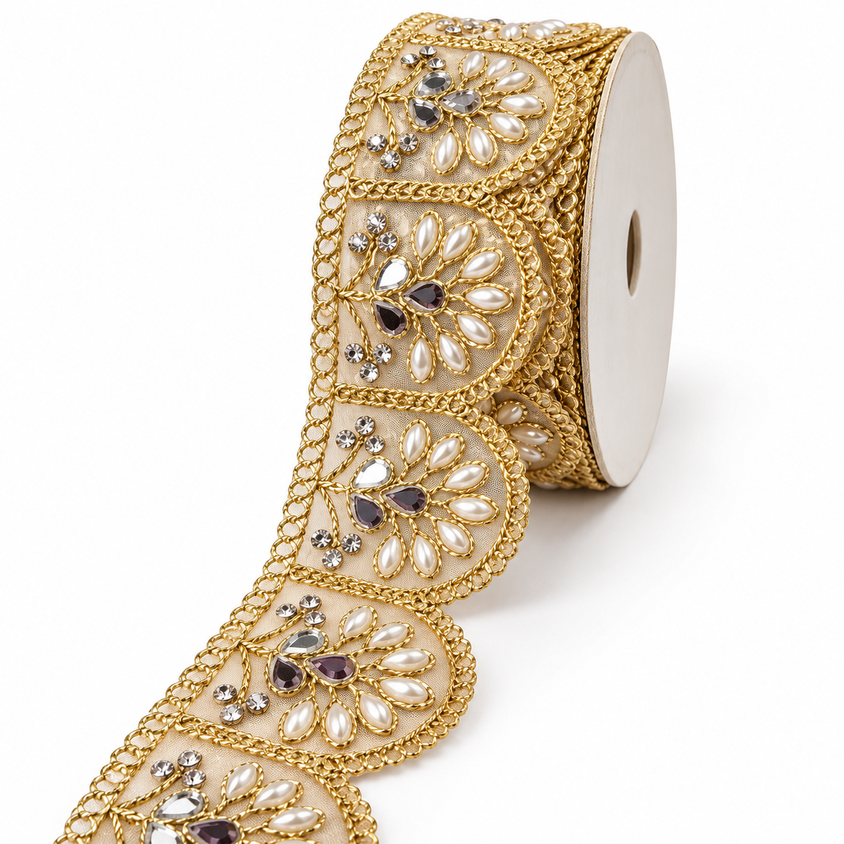 Premium Golden Scallop Floral Mirror Pearl & Stone Work Designer Lace for Saree, Lehenga, Blouse & Dupatta Border – 9 Meter Roll