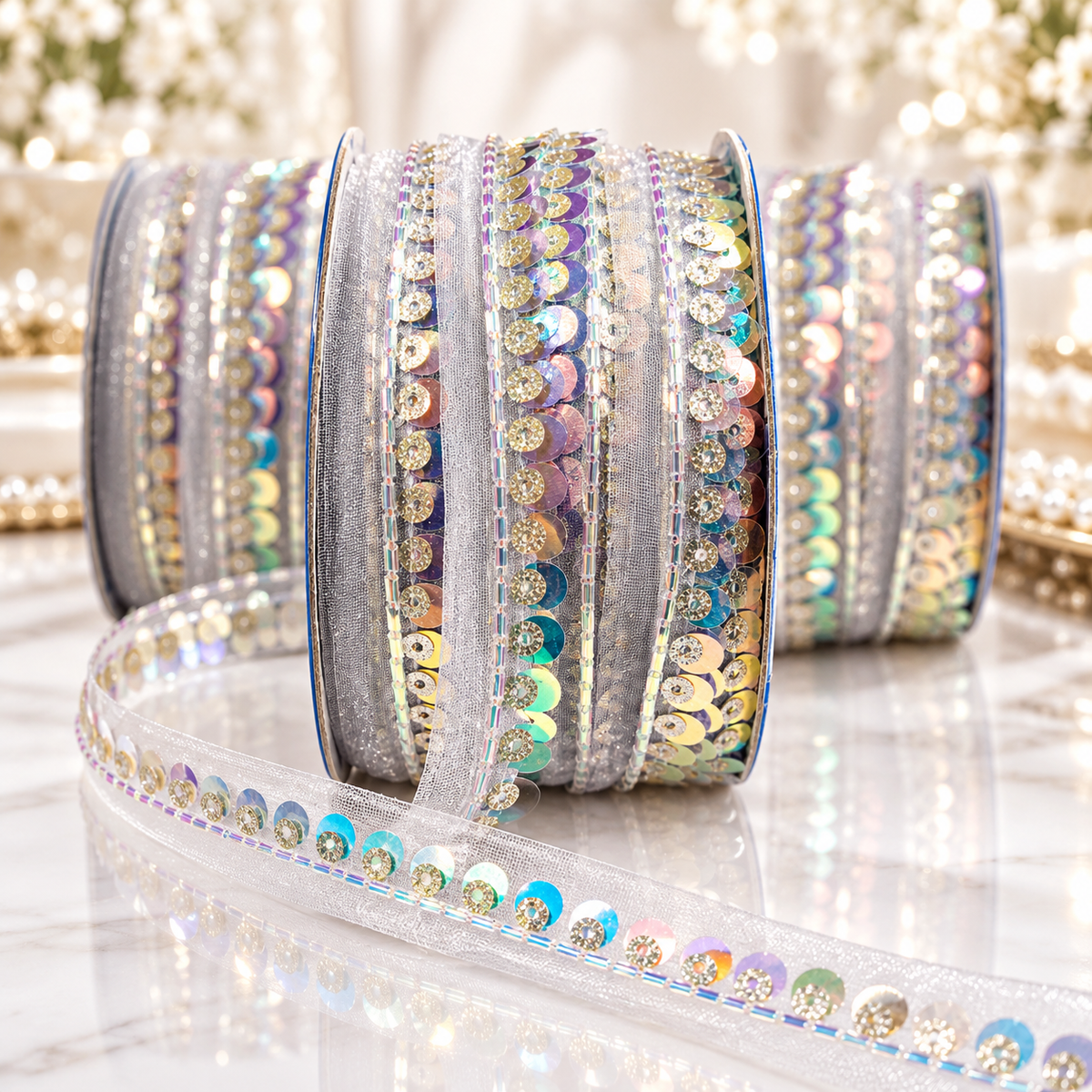 Silver Iridescent Sequin & Bead Work Lace Border for Saree, Blouse & Dupatta – Pack of 3 Rolls, 9 Meters Each