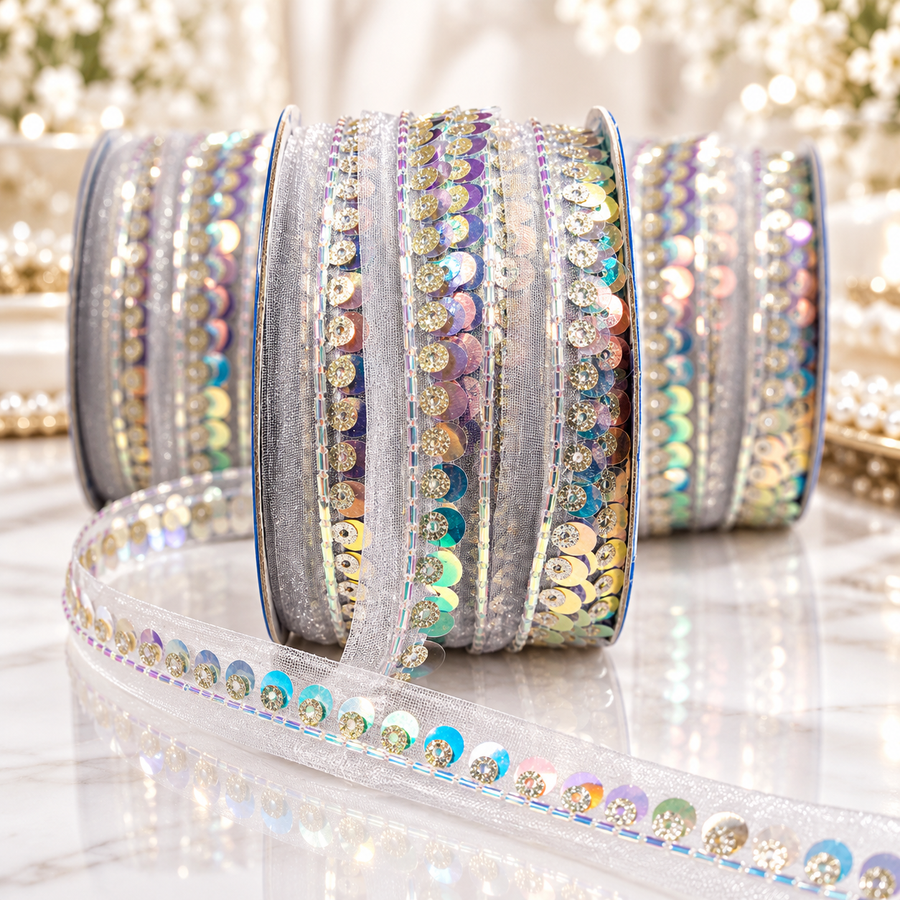 Silver Iridescent Sequin & Bead Work Lace Border for Saree, Blouse & Dupatta – Pack of 3 Rolls, 9 Meters Each