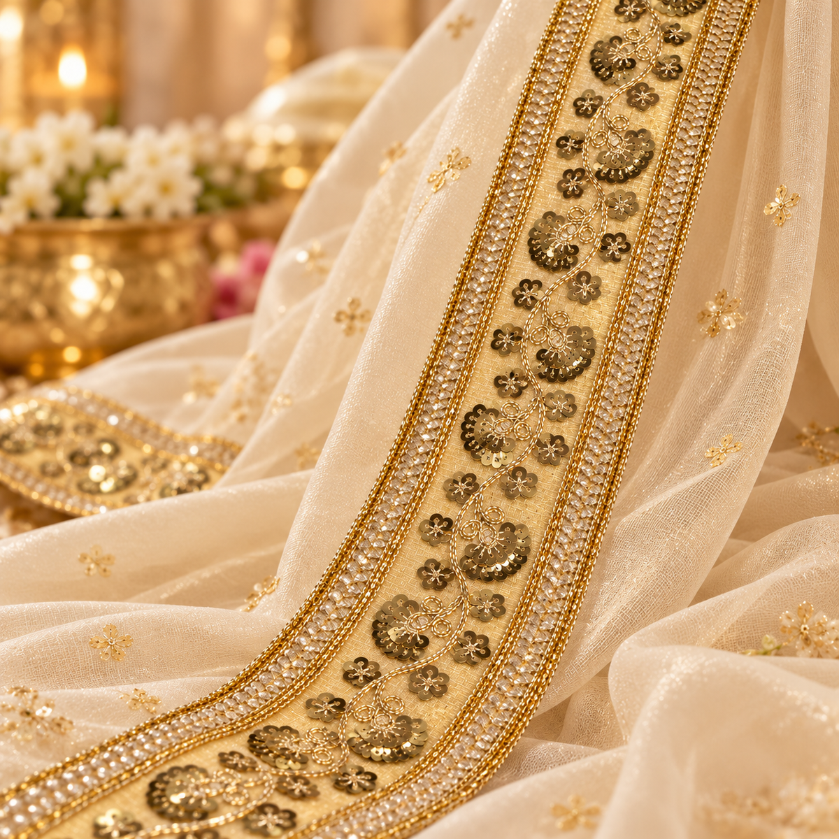 Premium Golden Floral Sequin Embroidered Lace Border with Crystal-Style Stone Work for Saree, Blouse, Dupatta, Lehenga & Kurti – 9 Meter