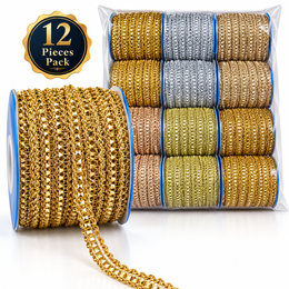 Premium Metallic Pyramid Stone Design Lace Trim for Saree, Blouse, Lehenga, Dupatta & Kurti Border – Gold, Silver & Champagne Multicolor Pack of 12 Rolls