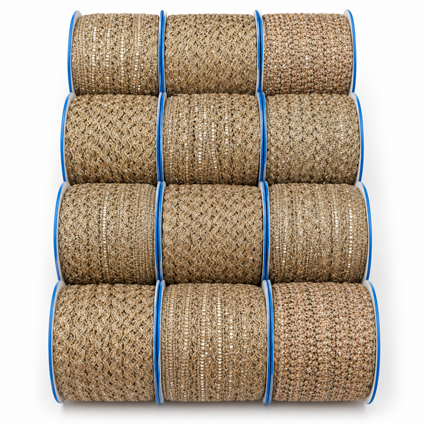 Champagne Gold Assorted Designer Lace Border for Saree, Blouse & Dupatta – 9 Meter Each, Pack of 12