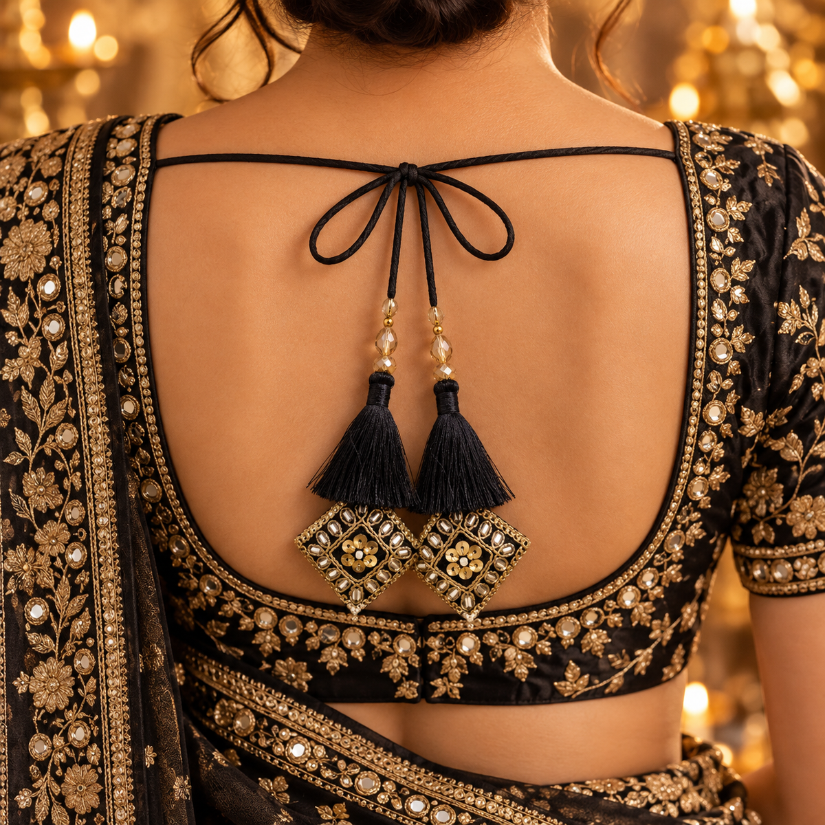 Premium Black Blouse Latkan Tassel Pair with Golden Beads, Mirror & Sequin Work – Pack of 2