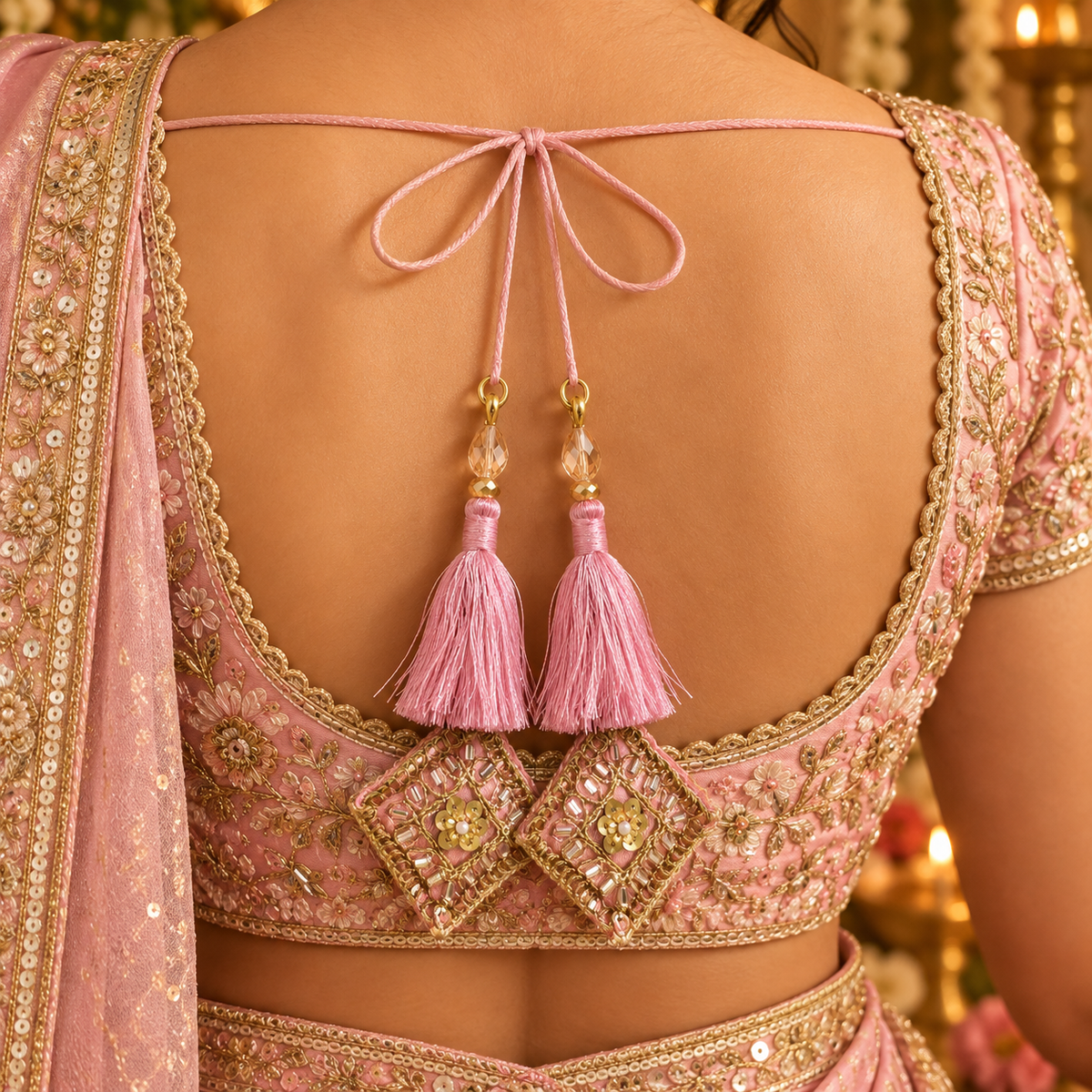Premium Blouse Latkan for Women Pack of 2 | Pink Silky Tassel with Zari Mirror & Sequin Work | Decorative Dori Tassel for Blouse, Lehenga & Saree