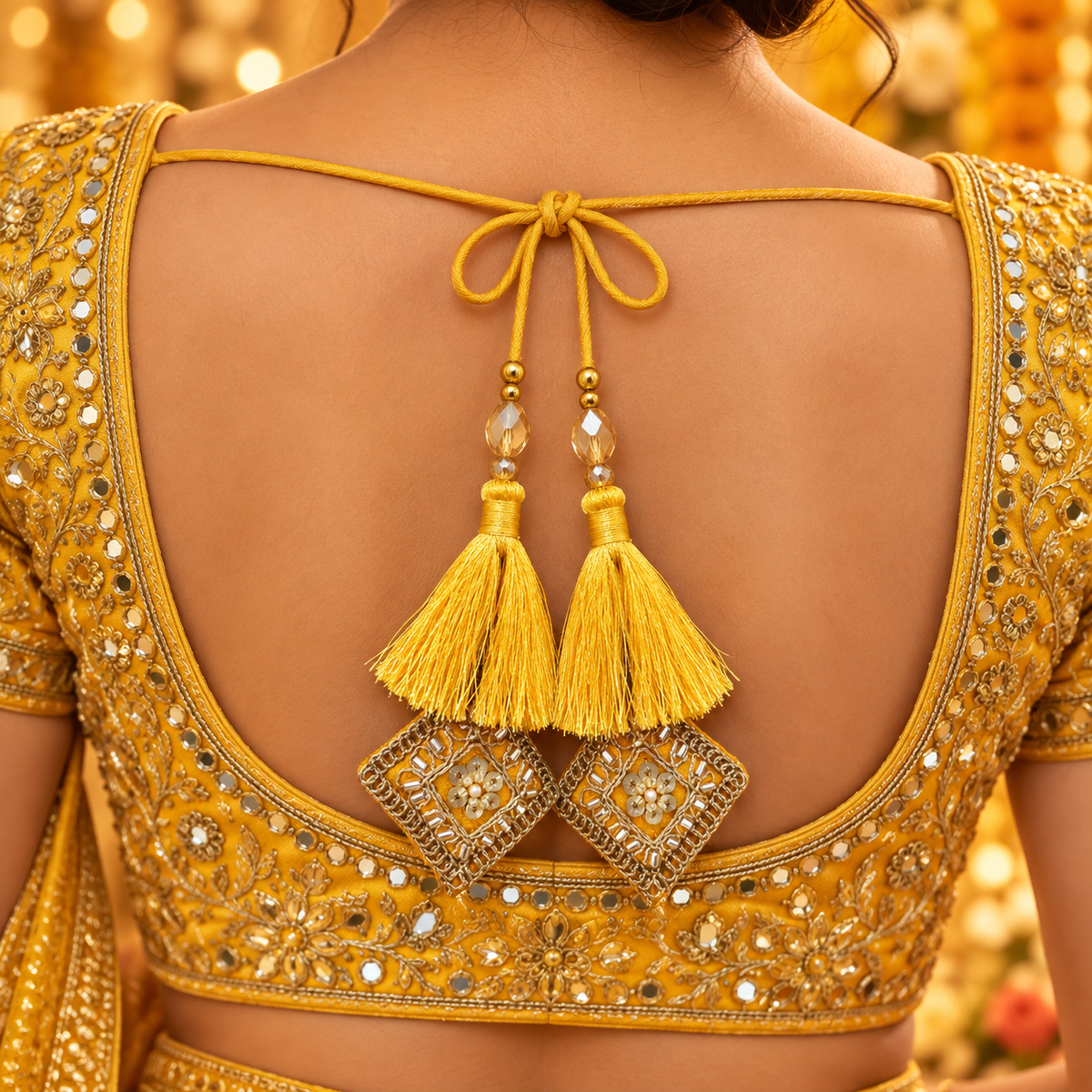 Premium Yellow Blouse Latkan Pack of 2 | Silky Tassel with Zari, Mirror & Sequin Work | Designer Dori Tassel for Blouse, Lehenga & Saree