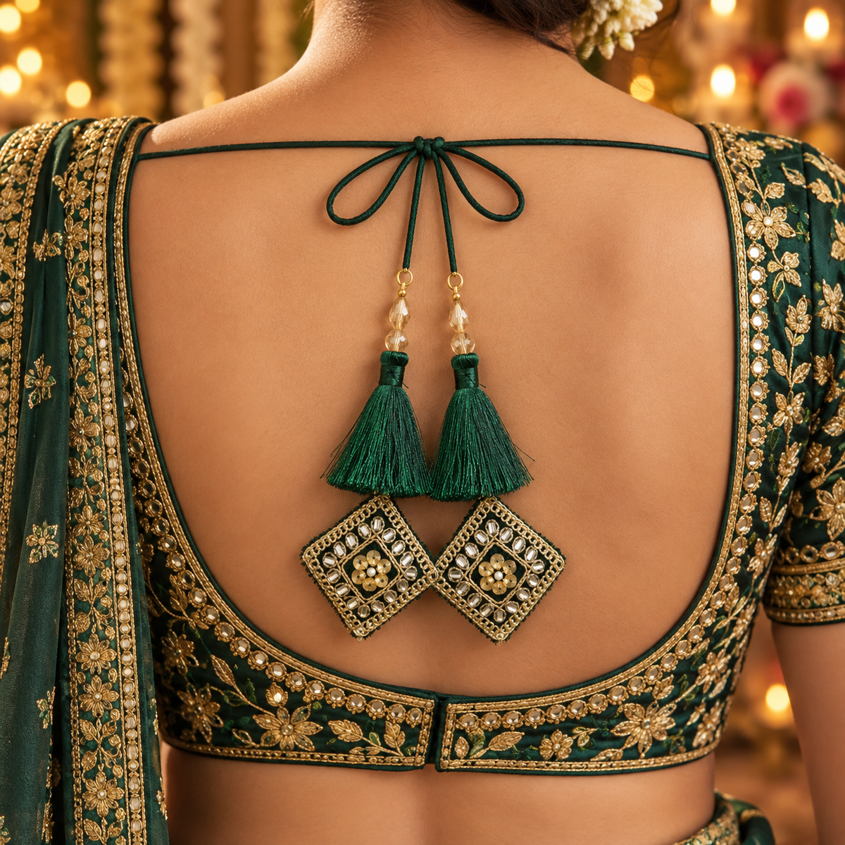 Premium Bottle Green Blouse Latkan Pack of 2 | Silky Tassel with Zari, Mirror & Sequin Work | Designer Dori Tassel for Blouse, Lehenga & Saree