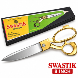 Swastik 8 Inch Tailoring Scissor with Golden Handle | Heavy Duty Cloth Cutting Kainchi | Steel Blade Fabric Cutting Scissor