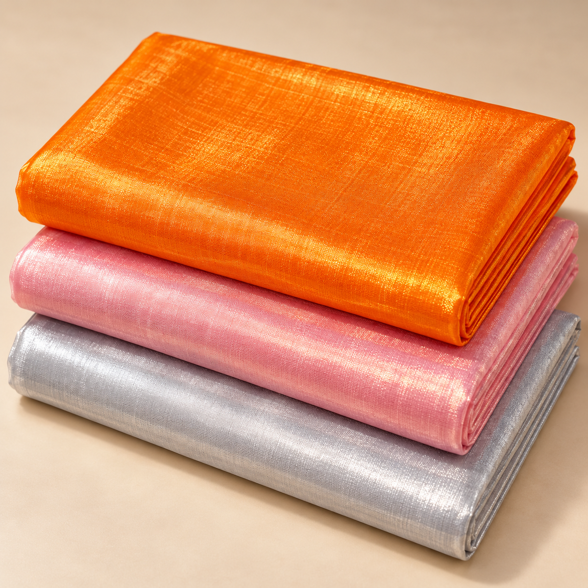 3 Piece Tissue Fabric Combo – Orange, Pink & Silver | 2 Metre Each | Piping & Tailoring Fabric