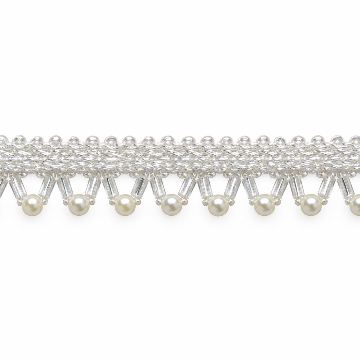 White Pearl Hanging Lace Border with Clear Tube Beads for Saree, Blouse & Dupatta – 7 Meter