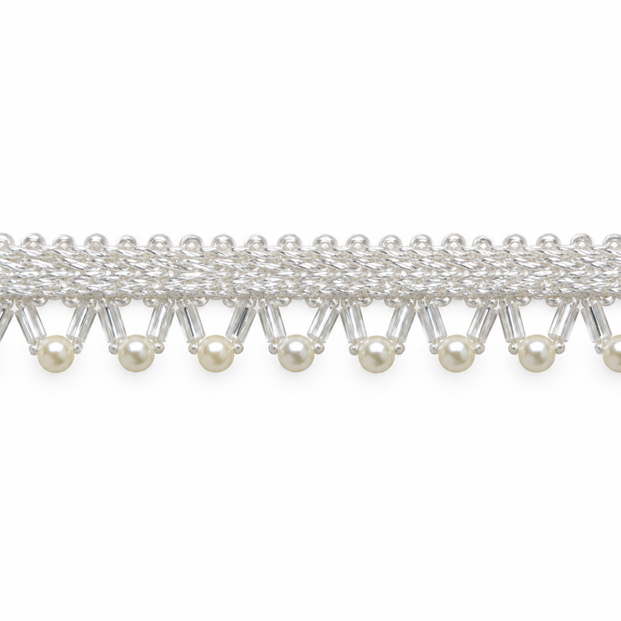 White Pearl Hanging Lace Border with Clear Tube Beads for Saree, Blouse & Dupatta – 7 Meter