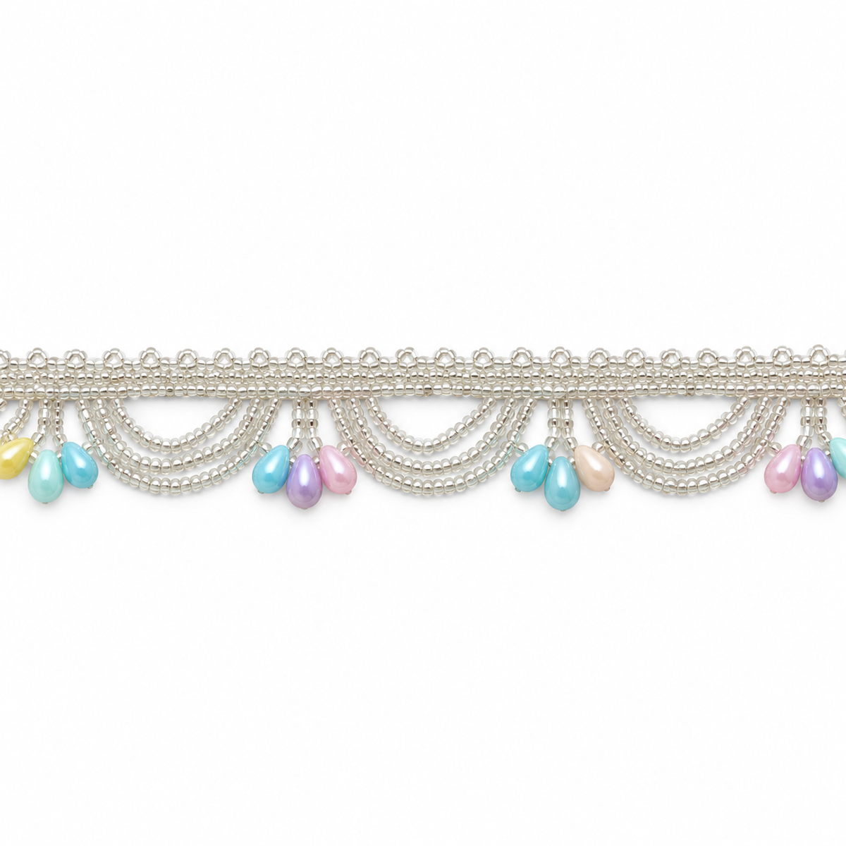 Silver Beaded Scalloped Hanging Lace with Pastel Multicolour Teardrops for Saree, Blouse & Dupatta – 7 Meter