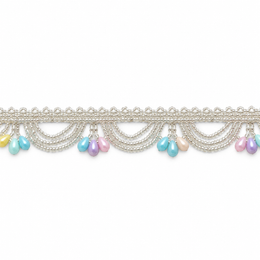 Silver Beaded Scalloped Hanging Lace with Pastel Multicolour Teardrops for Saree, Blouse & Dupatta – 7 Meter
