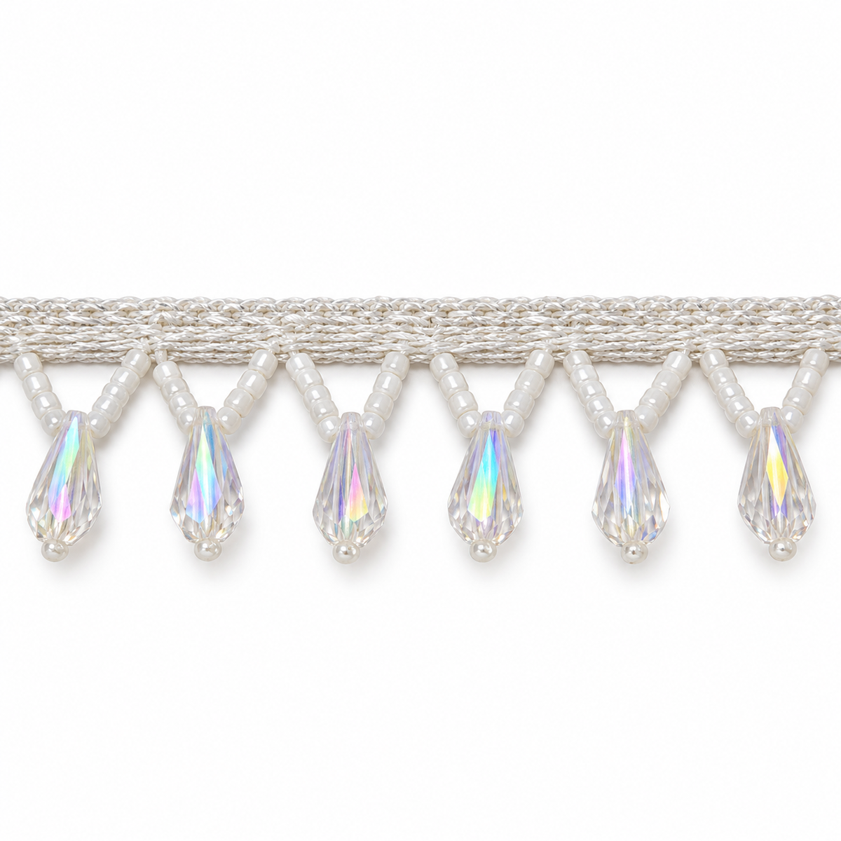 White Moti & Crystal-Style Teardrop Hanging Lace Border for Saree, Blouse & Dupatta – 7 Meter