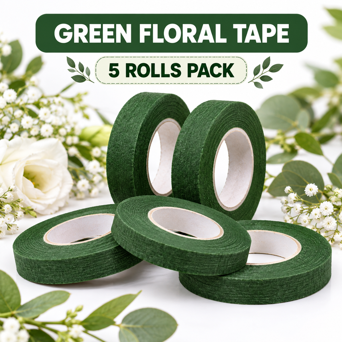 Green Floral Tape for Flower Making & Bouquet Wrapping – Pack of 5 Rolls