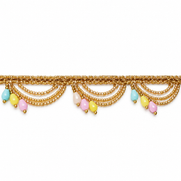 Golden Beaded Scalloped Hanging Lace with Pastel Multicolour Teardrops for Saree, Blouse & Dupatta – 7 Meter