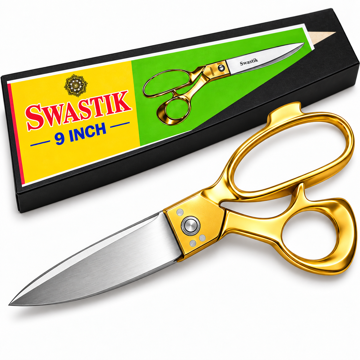 Swastik 9 Inch Golden Handle Tailoring Scissor | Heavy Duty Cloth Cutting Kainchi | Sharp Steel Blade Fabric Cutting Scissors