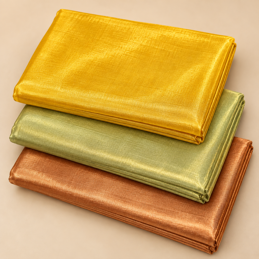 3 Piece Premium Tissue Fabric Combo – Golden, Light Olive Green & Copper | 2 Metre Each | For Piping, Dori & Tailoring