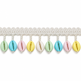 White Pastel Multicolour Cowrie Shell Hanging Lace Border for Saree, Blouse & Dupatta – 7 Meter
