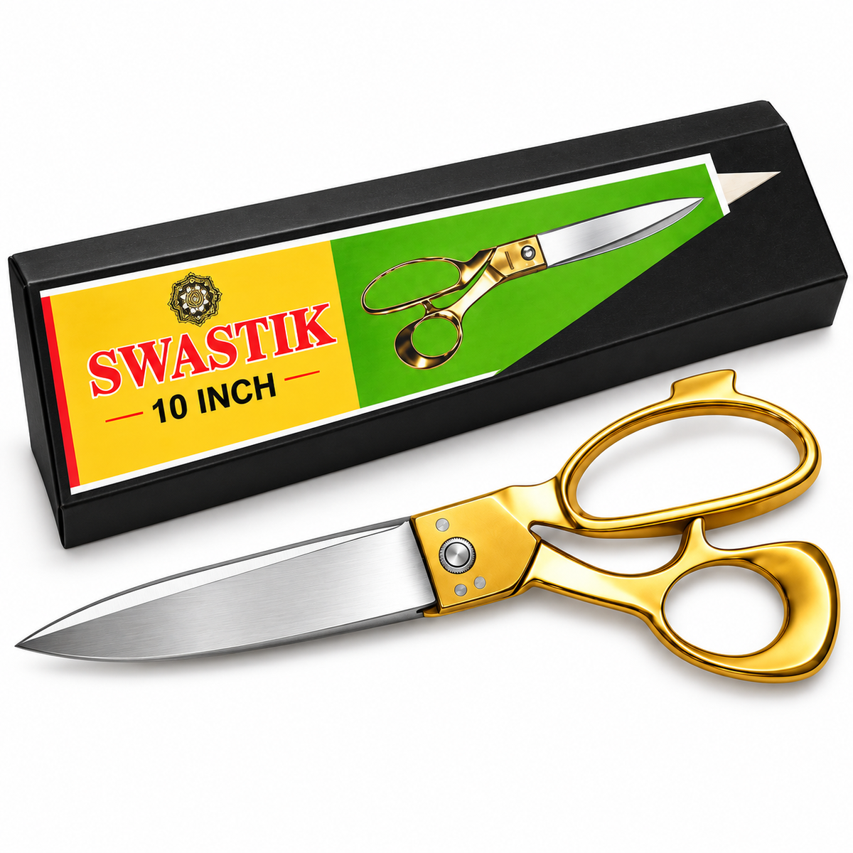 Swastik 10 Inch Golden Handle Tailoring Scissor | Heavy Duty Cloth Cutting Kainchi | Sharp Steel Blade Professional Fabric Scissors