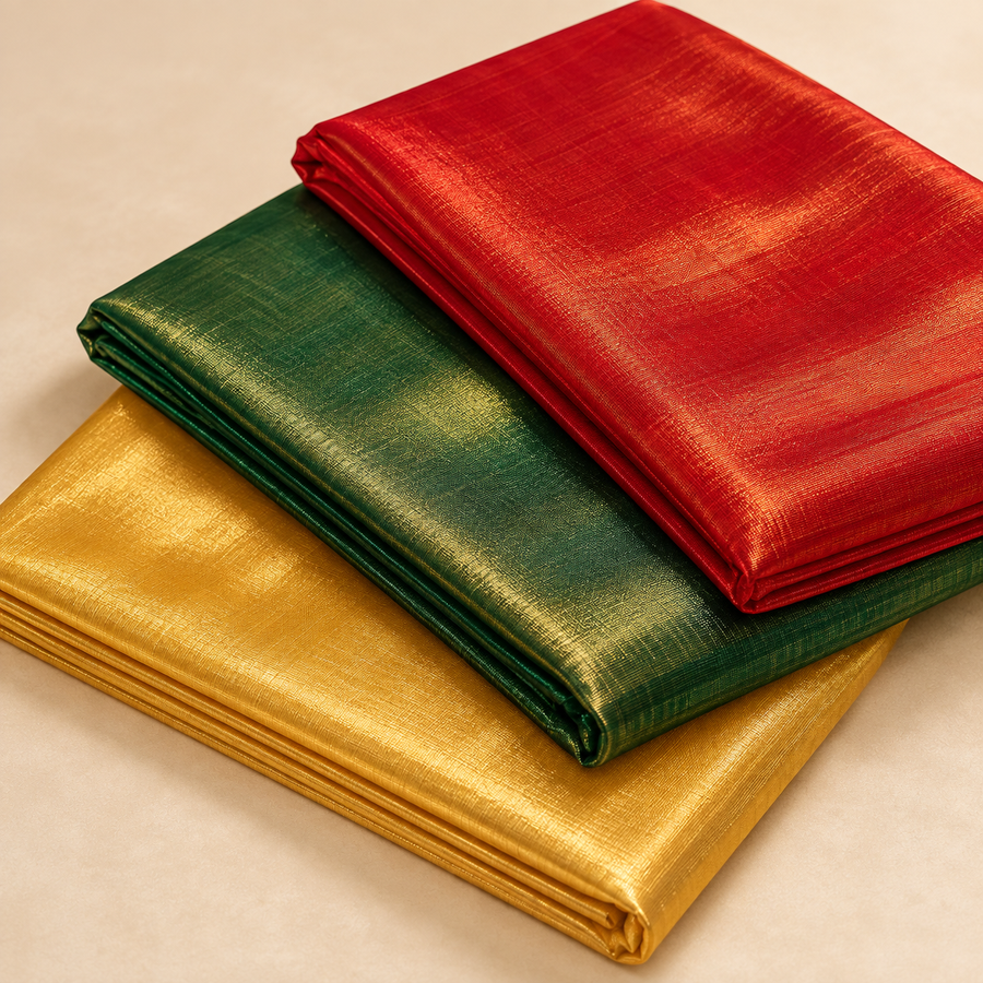 3 Piece Tissue Fabric Combo for Piping & Tailoring – Red, Bottle Green & Golden – 2 Metres Each