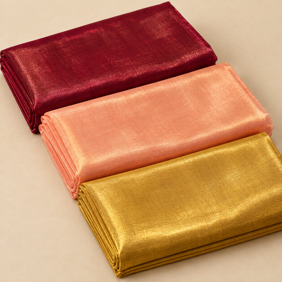 3 Piece Tissue Fabric Combo for Piping & Tailoring – Wine, Peach & Golden – 2 Metres Each