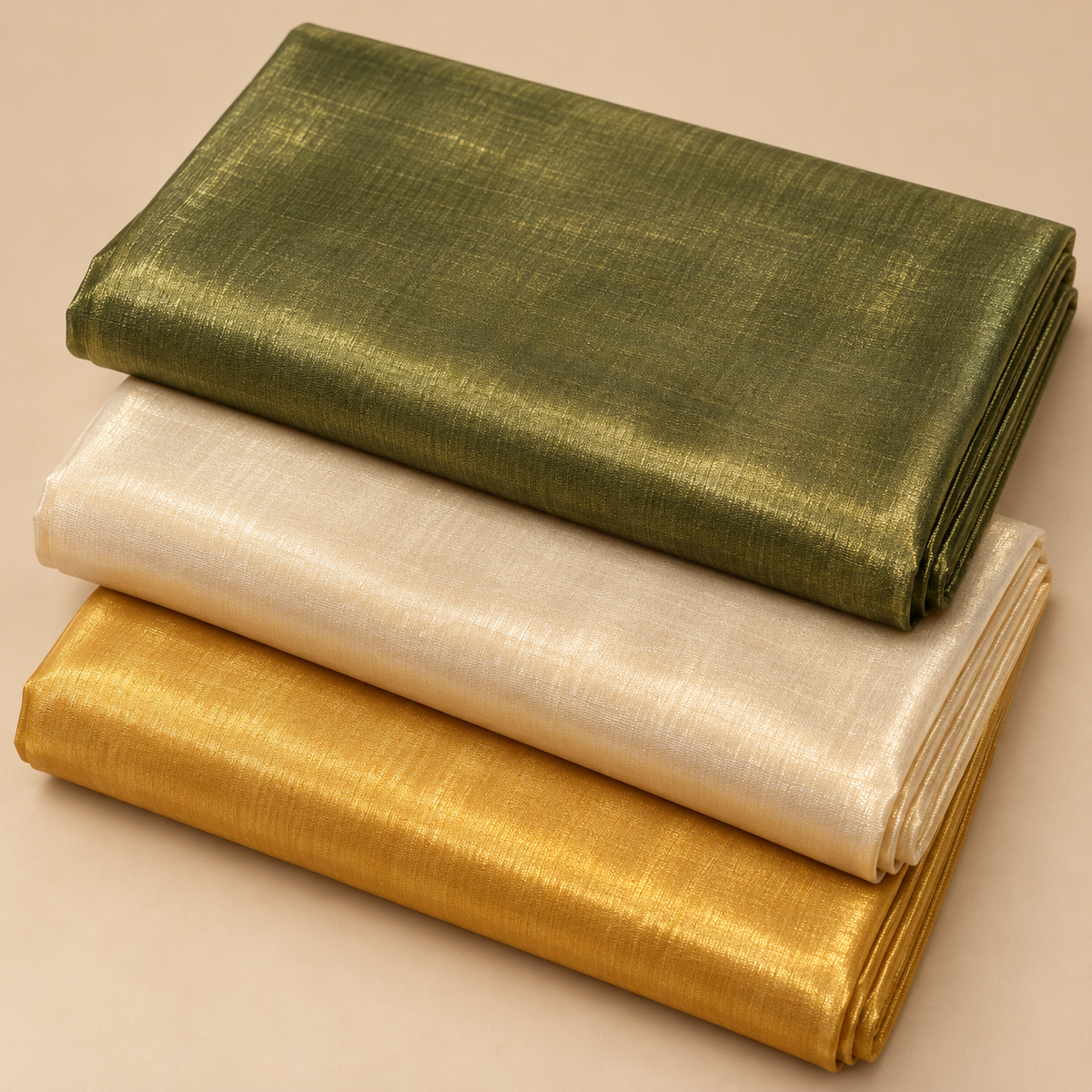 Metallic Tissue Fabric 3 Piece Combo – 2 Metre Each | Golden, Cream & Olive Green | Blouse, Piping, Craft & Tailoring Fabric