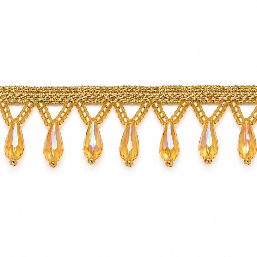 Golden Crystal-Style Teardrop Hanging Lace Border for Saree, Blouse & Dupatta – 7 Meter