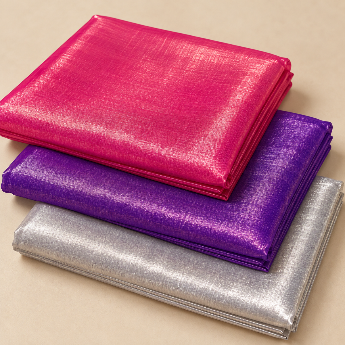 Premium Tissue Fabric 3 Piece Combo – Rani Pink, Purple & Silver | 2 Metre Each | Tailoring & Piping Fabric