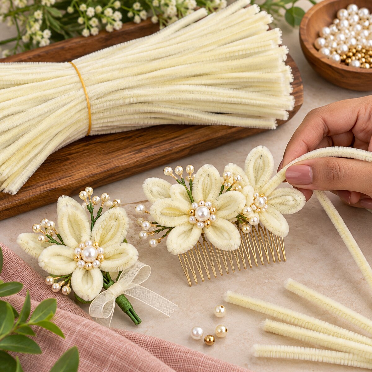 Cream Chenille Stems Pipe Cleaners for Craft & Flower Making – 100 Pieces per Packet