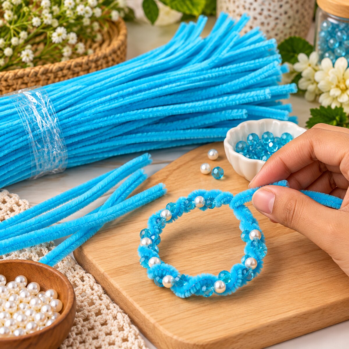 Sky Blue Pipe Cleaner Chenille Stem for DIY Craft, Flower Making & Decoration | 100 Pieces one Packet