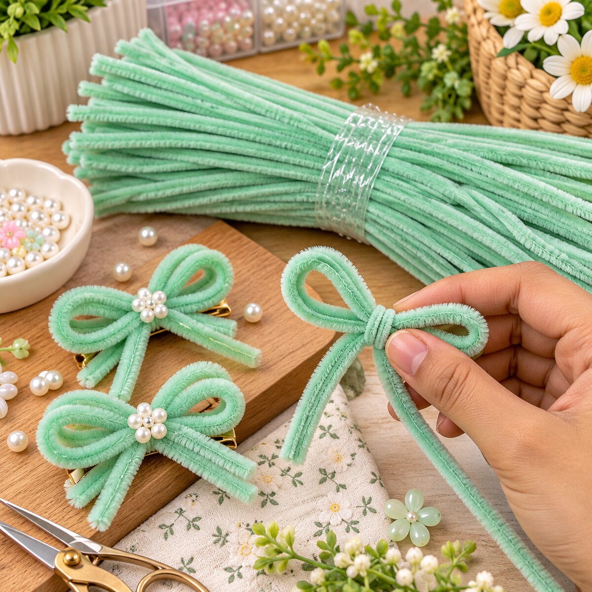 Mint Green Pipe Cleaner Chenille Stem for Art & Craft DIY Decoration – 100 Pieces per Packet