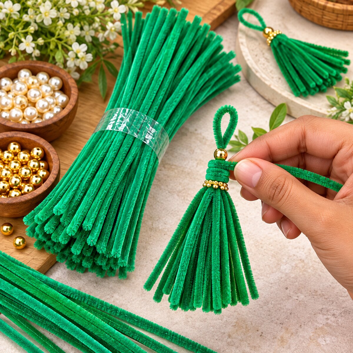 Emerald Green Pipe Cleaner Chenille Stem for Art & Craft DIY Decoration – 100 Pieces per Packet