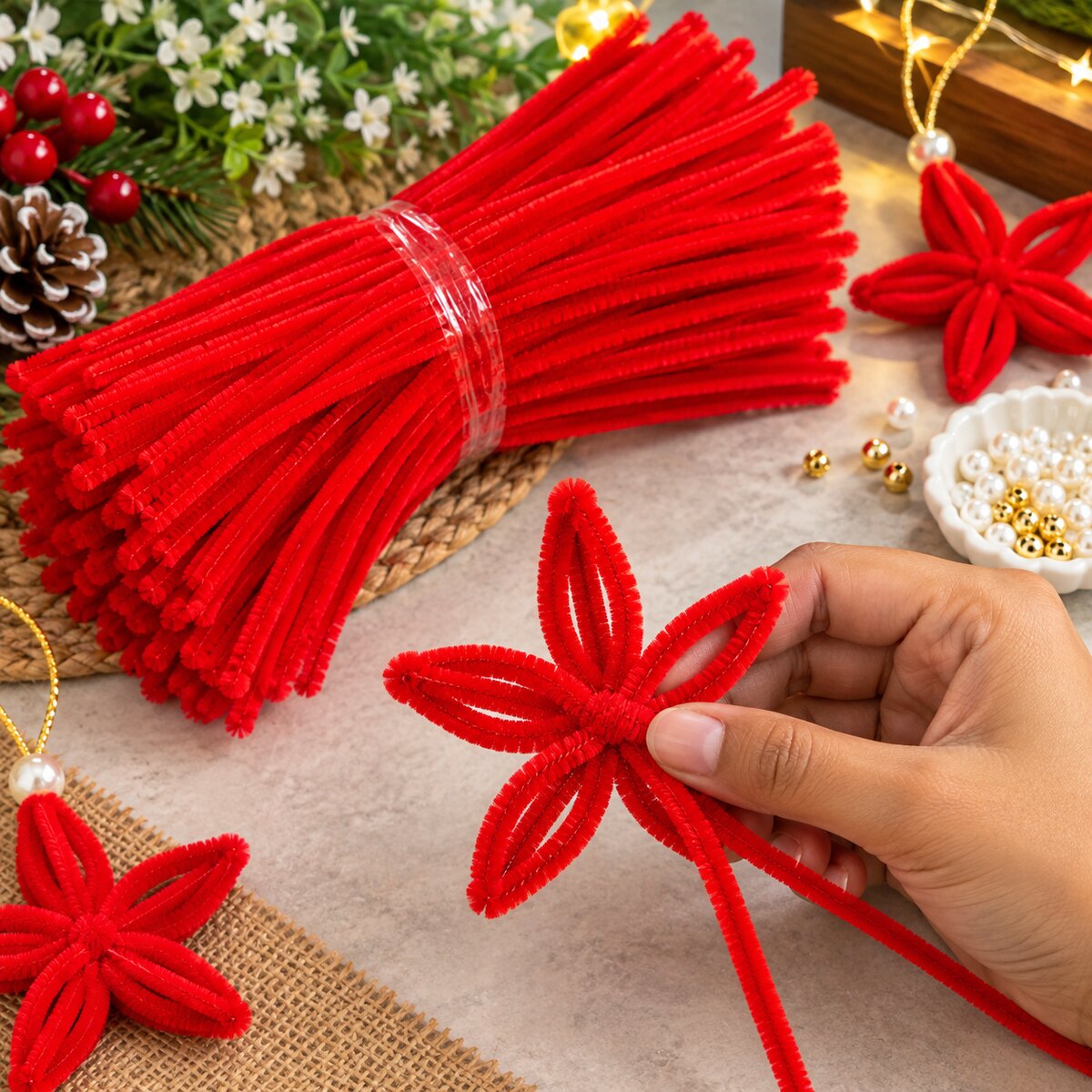Red Pipe Cleaner Chenille Stems for DIY Craft & Flower Making | 100 Pcs Per Packet