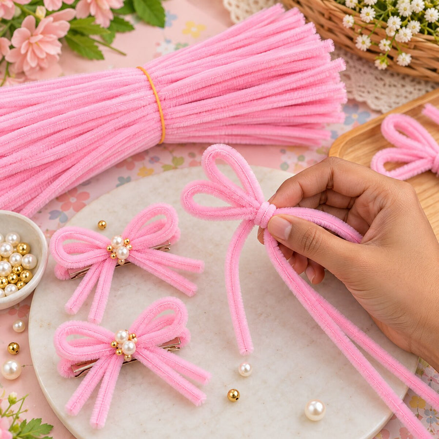 Pink Chenille Stems Pipe Cleaners for Craft & Flower Making – 100 Pieces per Packet