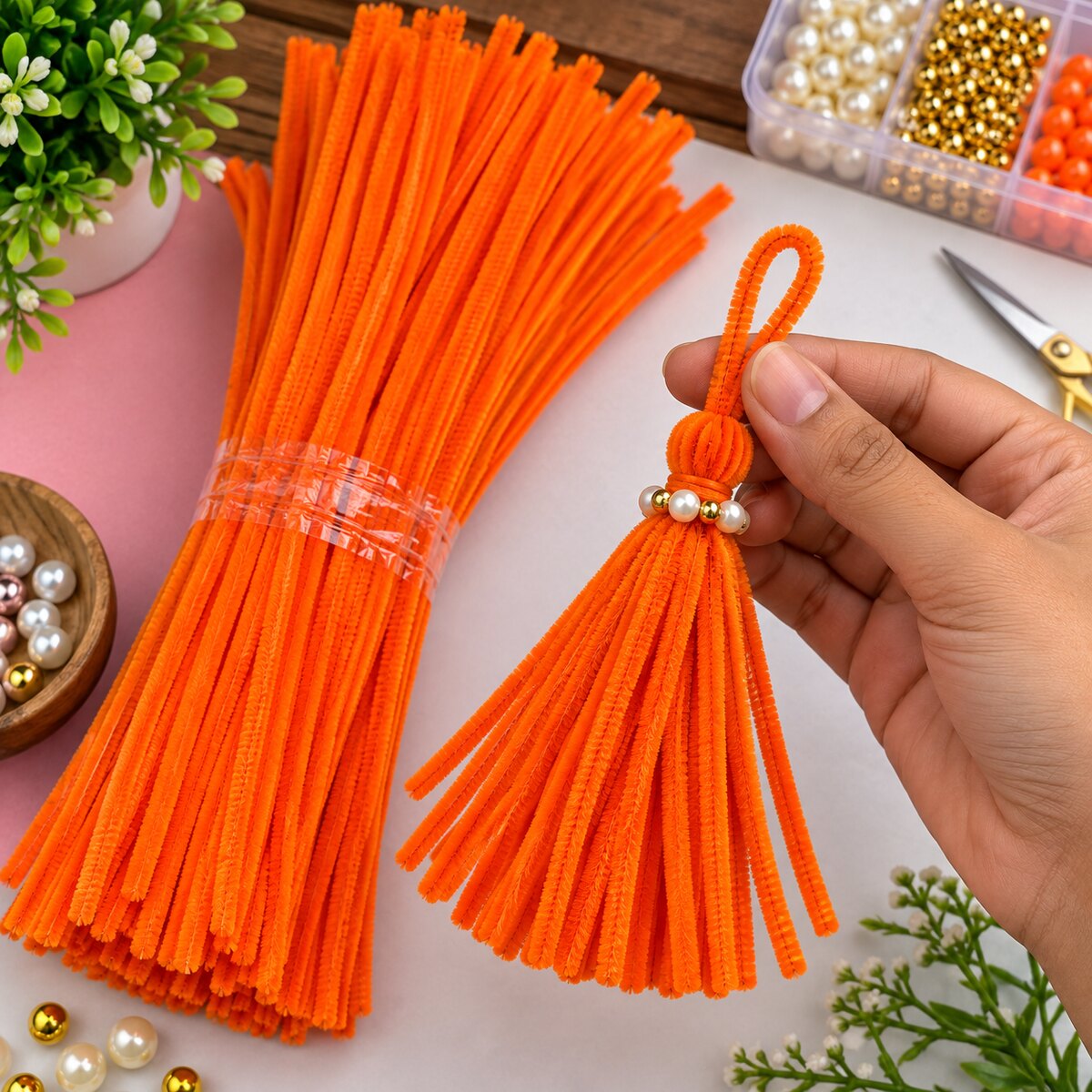 Orange Pipe Cleaner Chenille Stem for DIY Craft, Flower Making & Decoration | 100 Pieces per Packet |